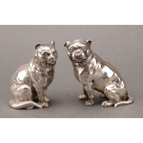 154 - A pair of Victorian silver novelty peppers, cast as a dog and a cat, 6.5cm high, Edward H Stockwell,... 