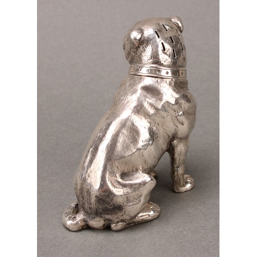 154 - A pair of Victorian silver novelty peppers, cast as a dog and a cat, 6.5cm high, Edward H Stockwell,... 