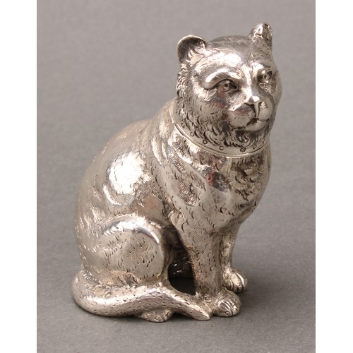 154 - A pair of Victorian silver novelty peppers, cast as a dog and a cat, 6.5cm high, Edward H Stockwell,... 