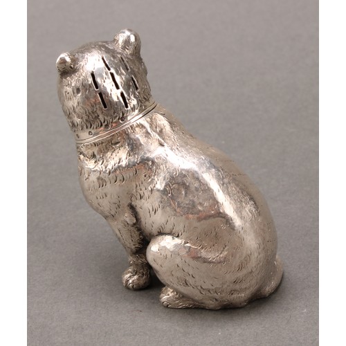 154 - A pair of Victorian silver novelty peppers, cast as a dog and a cat, 6.5cm high, Edward H Stockwell,... 