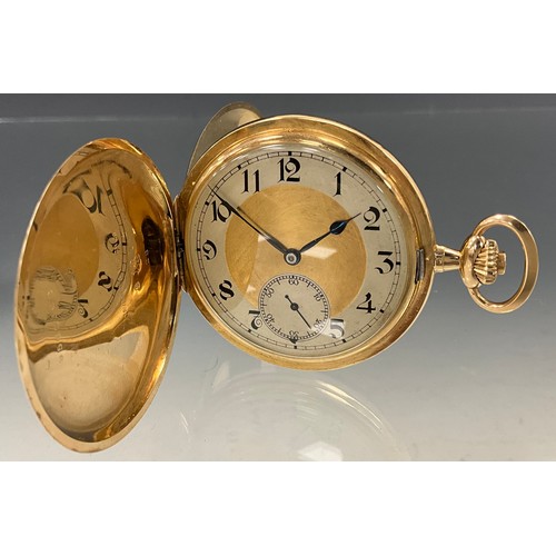 510 - A Tavannes 14ct gold cased hunter pocket watch, shell stripped case, silver and gold two tone dial, ... 