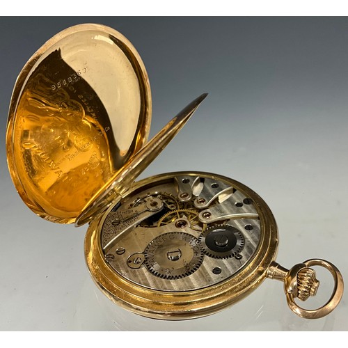 510 - A Tavannes 14ct gold cased hunter pocket watch, shell stripped case, silver and gold two tone dial, ... 