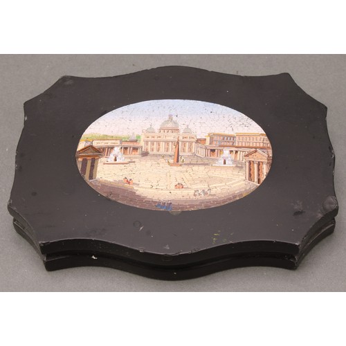 1800 - A 19th century Italian Grand Tour micro mosaic shaped serpentine desk weight, inlaid with a view of ... 