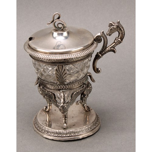 258 - A French Empire silver mustard, serpent finial, hinged cover, bifurcated scroll handle crested by a ... 