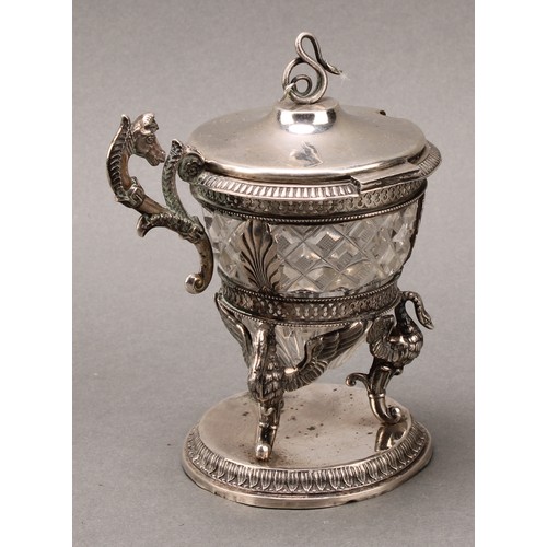 258 - A French Empire silver mustard, serpent finial, hinged cover, bifurcated scroll handle crested by a ... 