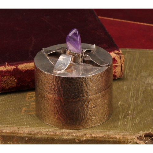 193 - Modern Design - an Elizabeth II silver cylindrical box, the cover with flower finial set with an ame... 