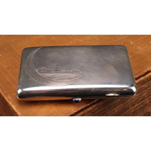 201 - A Russian silver rounded rectangular cigarette case, hinged cover engraved with a landscape within a... 