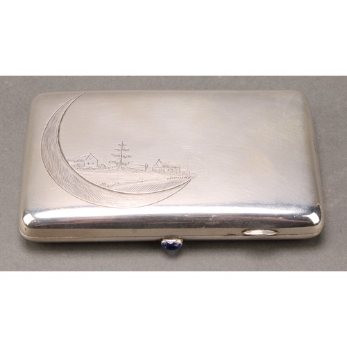 201 - A Russian silver rounded rectangular cigarette case, hinged cover engraved with a landscape within a... 