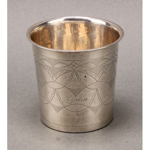 205 - A Scandinavian silver slightly tapered cylindrical beaker, engraved with wrigglework, 7.5cm high, 19... 