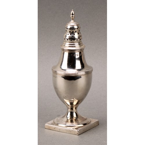 133 - A George III silver pedestal sugar caster, ogee cover with acorn finial, reeded borders, square base... 