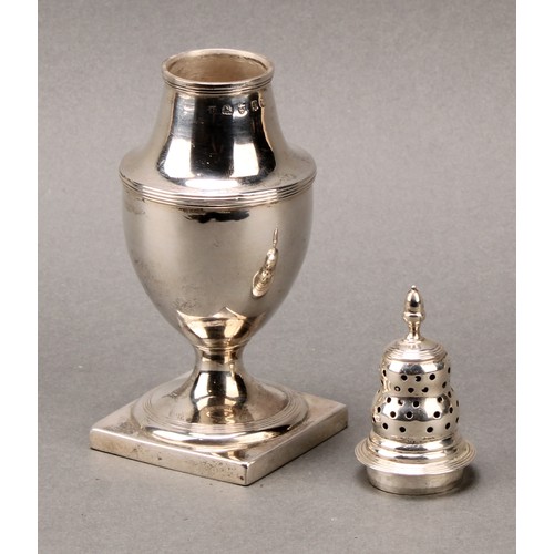 133 - A George III silver pedestal sugar caster, ogee cover with acorn finial, reeded borders, square base... 