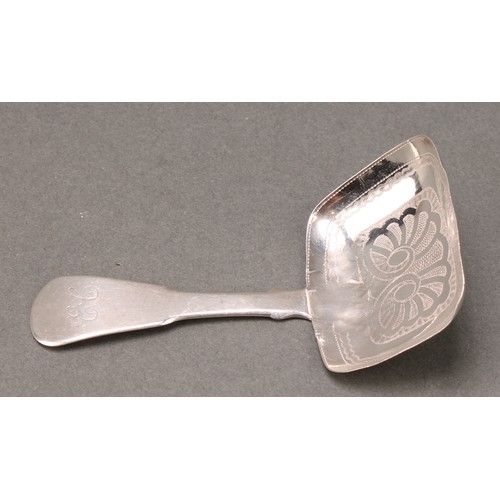 63 - A George III silver caddy spoon, rounded rectangular bowl engraved with wrigglework, 8cm long, Josep... 