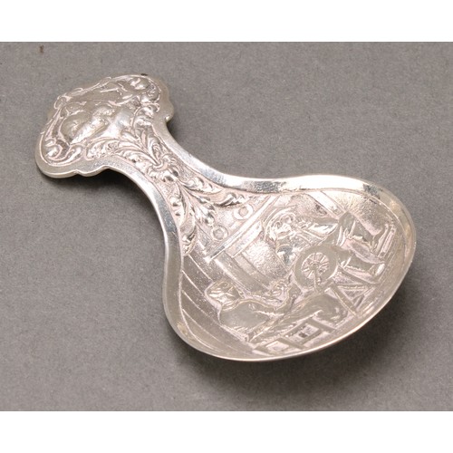 63 - A George III silver caddy spoon, rounded rectangular bowl engraved with wrigglework, 8cm long, Josep... 