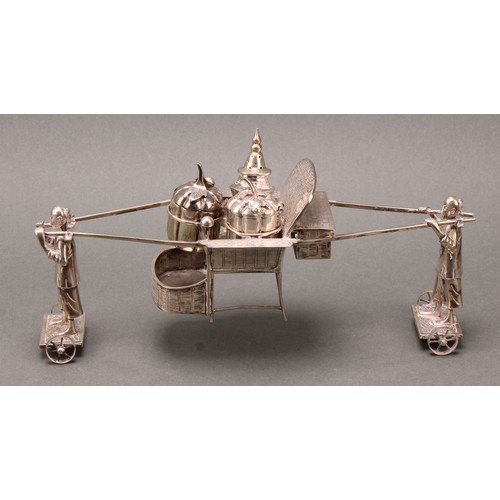 253 - A Chinese silver novelty trolley cruet, as a sedan chair, spoken wheels, 25cm long, c.1900, 282g