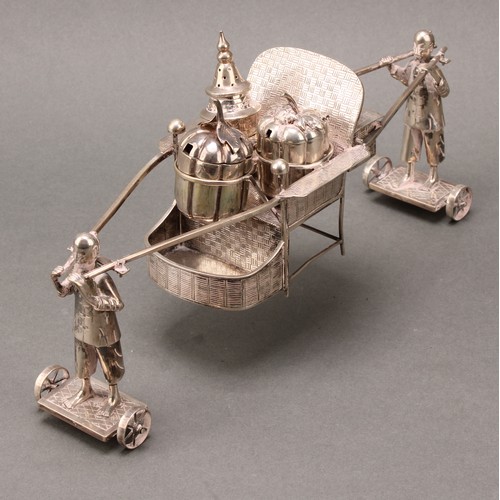 253 - A Chinese silver novelty trolley cruet, as a sedan chair, spoken wheels, 25cm long, c.1900, 282g