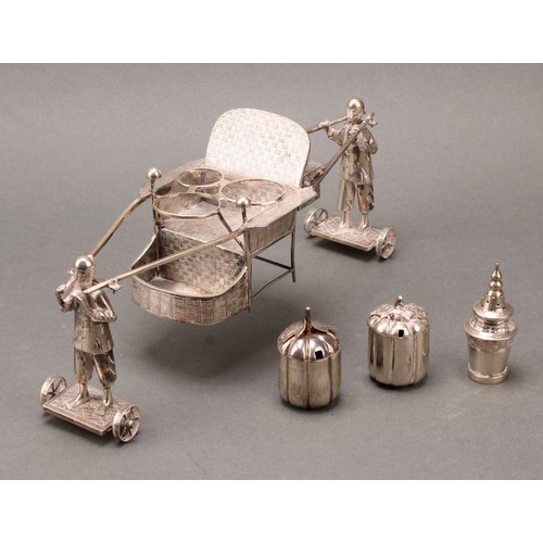 253 - A Chinese silver novelty trolley cruet, as a sedan chair, spoken wheels, 25cm long, c.1900, 282g