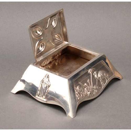 289 - An unusual silver table box, the angular sides embossed with various panels, Nile scene with palm tr... 