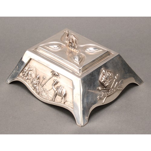 289 - An unusual silver table box, the angular sides embossed with various panels, Nile scene with palm tr... 