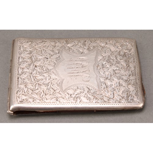 280 - A Victorian silver rectangular aide memoir, profusely bright-cut engraved with leafy foliage, sprung... 