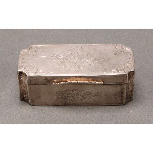 103 - A 19th century Continental silver re-entrant rectangular snuff box, engraved with flowers and sprigs... 