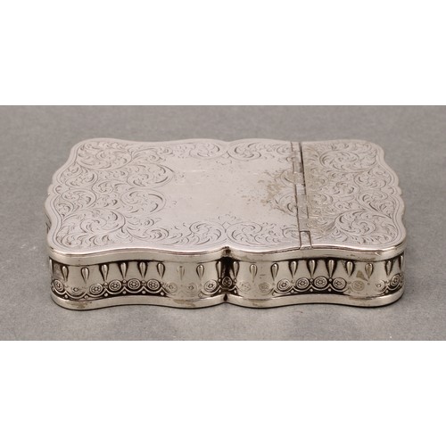 114 - A 19th century silver coloured metal serpentine twin-section table snuff box, hinged covers engraved... 