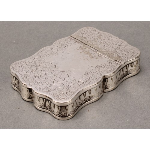 114 - A 19th century silver coloured metal serpentine twin-section table snuff box, hinged covers engraved... 