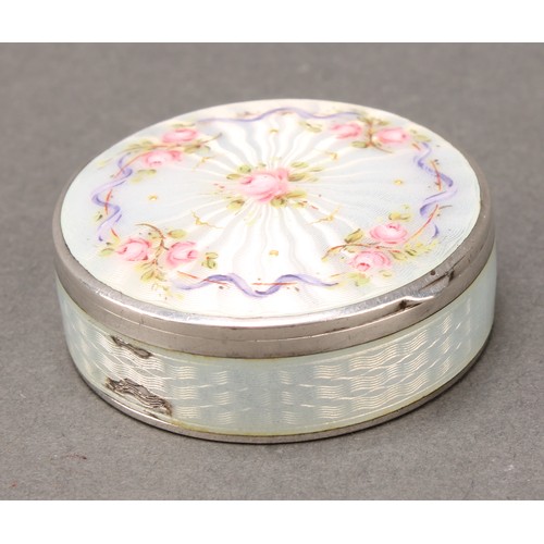 458 - An early 20th century Continental silver and guilloche enamel circular pill or snuff box, hinged cov... 