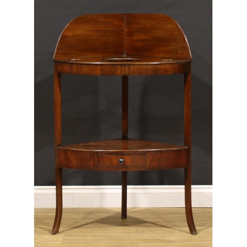 1602 - A George III mahogany corner washstand, drawer to centre, 107.5cm high, 68.5cm wide, 47cm deep, c.18... 