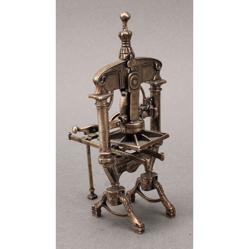 231 - Silver Toys and Miniatures - a Continental silver novelty model of a printing press, 11.5cm high, ma... 