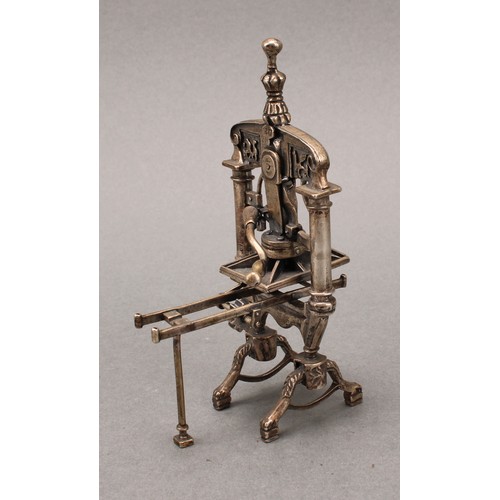 231 - Silver Toys and Miniatures - a Continental silver novelty model of a printing press, 11.5cm high, ma... 