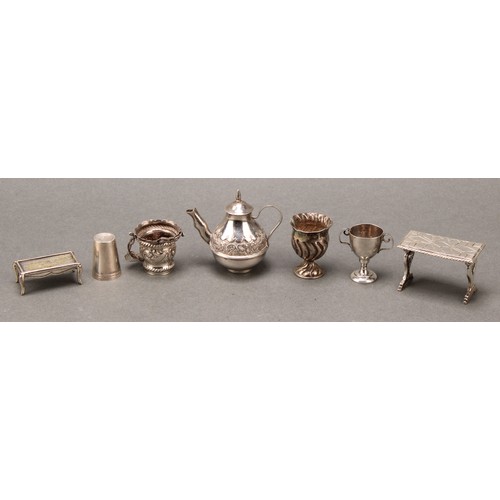 229 - Silver Toys and Miniatures - a coffee pot; a goblet; a table; a bucket; etc (7), 72g