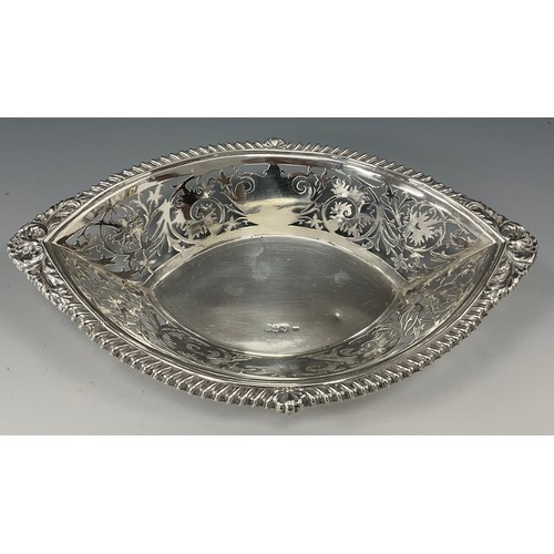 326 - An Edwardian silver navette shaped bonbon dish or small fruit bowl, pierced sides, marks worn, Chest... 