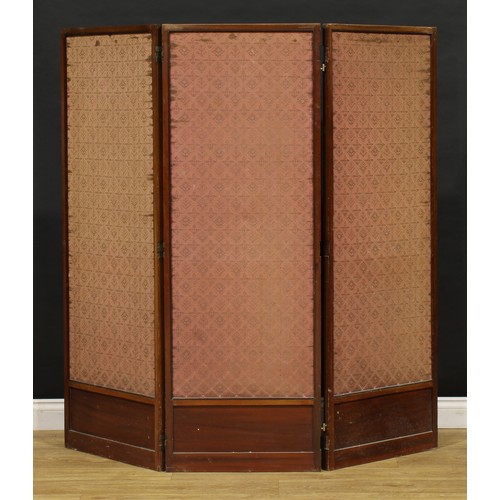 2141 - An Arts & Crafts period mahogany and woolwork three fold screen, worked in coloured threads with bir... 