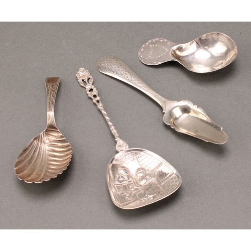 62 - A George III silver caddy spoon, fluted bowl, 10cm long, Solomon Hougham, London 1807; etc (4), 40g