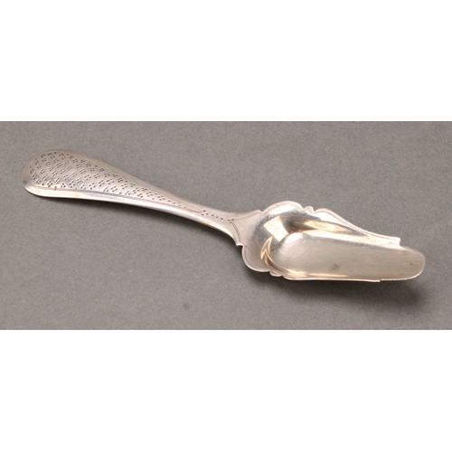 62 - A George III silver caddy spoon, fluted bowl, 10cm long, Solomon Hougham, London 1807; etc (4), 40g