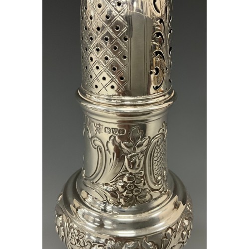 241 - An Edwardian silver sugar caster, embossed decoration, 18.5cm high, George Nathan & Ridley Hayes, Ch... 