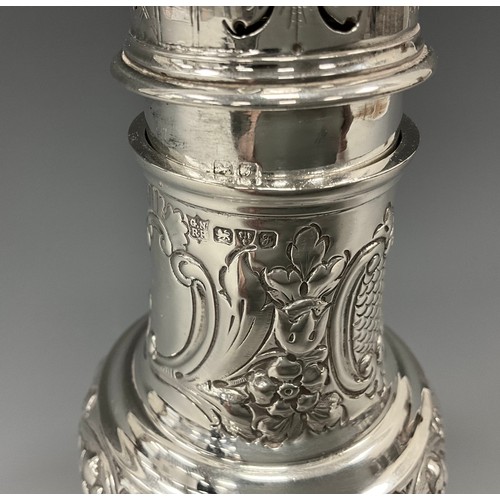 241 - An Edwardian silver sugar caster, embossed decoration, 18.5cm high, George Nathan & Ridley Hayes, Ch... 