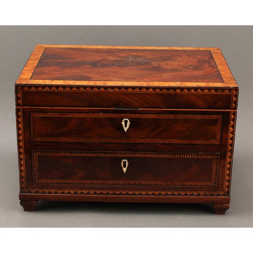 1809 - A 19th century satin burr banded mahogany and parquetry work box or table casket, 22.5cm high, 34.5c... 