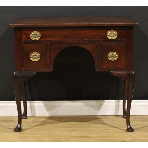 1725 - A 19th century mahogany lowboy, crossbanded top above three drawers, 80cm high, 91cm wide, 51.5cm de... 