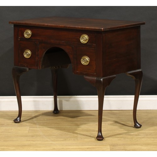 1725 - A 19th century mahogany lowboy, crossbanded top above three drawers, 80cm high, 91cm wide, 51.5cm de... 