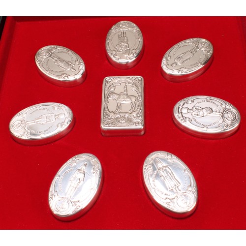 190 - Military Interest - a set of eight silver commemorative snuff boxes, depicting soldiers of the Guard... 