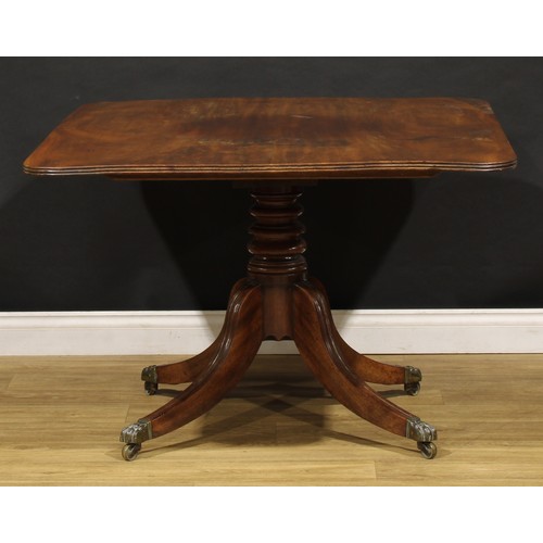 1595 - A 19th century mahogany breakfast table, rounded rectangular top with channelled edge, turned column... 