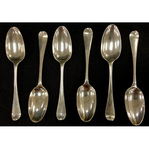 401 - A set of six George II silver Hanoverian pattern spoons, family crest to verso, London 1759, 424.6g ... 