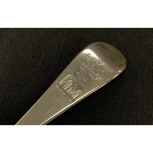 401 - A set of six George II silver Hanoverian pattern spoons, family crest to verso, London 1759, 424.6g ... 