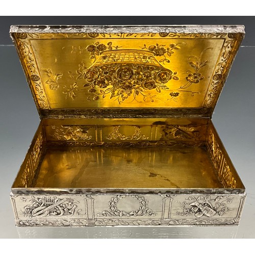 107 - A 19th century German silver cigarette box, embossed with basket of Roses and floral sprays, impress... 