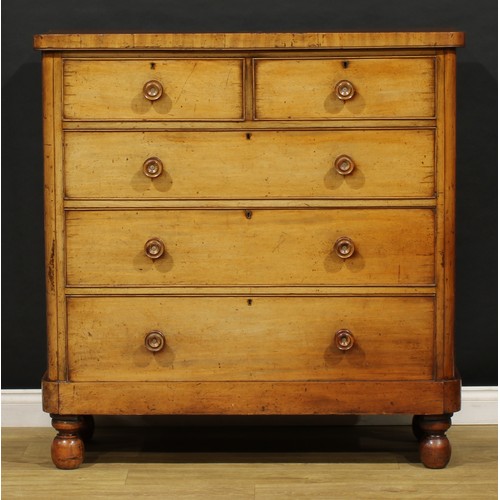 1785 - A Victorian mahogany chest, of two short and three long graduated cockbeaded drawers, turned handles... 