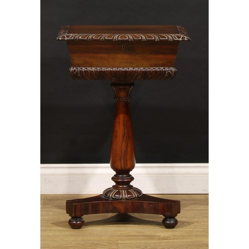 1905 - A George/William IV rosewood teapoy, hinged cover enclosing a caddy fitted interior, baluster column... 