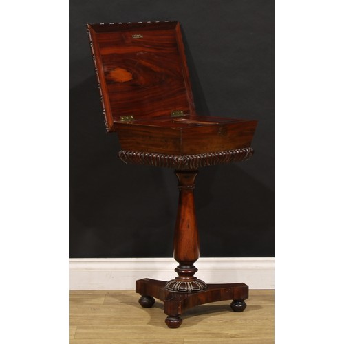 1905 - A George/William IV rosewood teapoy, hinged cover enclosing a caddy fitted interior, baluster column... 