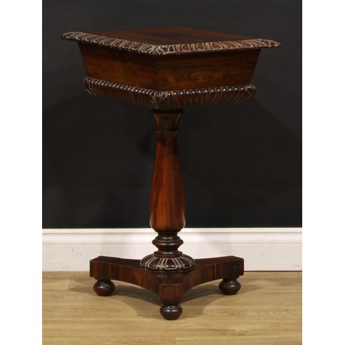 1905 - A George/William IV rosewood teapoy, hinged cover enclosing a caddy fitted interior, baluster column... 