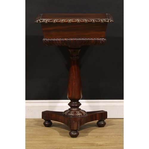 1905 - A George/William IV rosewood teapoy, hinged cover enclosing a caddy fitted interior, baluster column... 